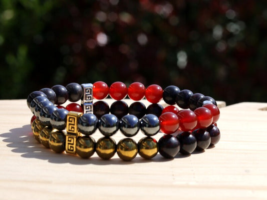 Cool Double row beaded bracelets. Two Row Stone Bracelets. Natural Bloodstone, Gold Hematite, Silver Hematite, Red Agate.