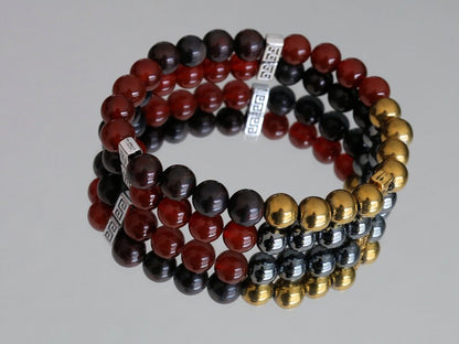 Cool Double row beaded bracelets. Two Row Stone Bracelets. Natural Bloodstone, Gold Hematite, Silver Hematite, Red Agate.