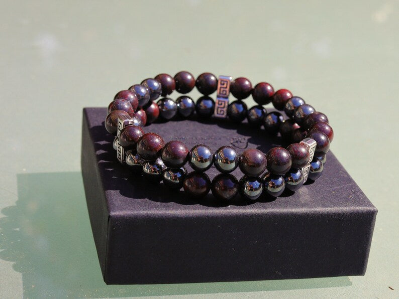 Dope Double row beaded bracelets. Two Row Stone Bracelets. Natural Bloodstone combined with Silver Hematite. most powerful gemstone to use
