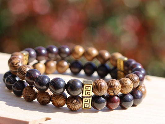 YOLO Double row beaded bracelets. Two Row Stone Bracelets. Natural Bloodstone combined with Natural Wenge Wood beads.