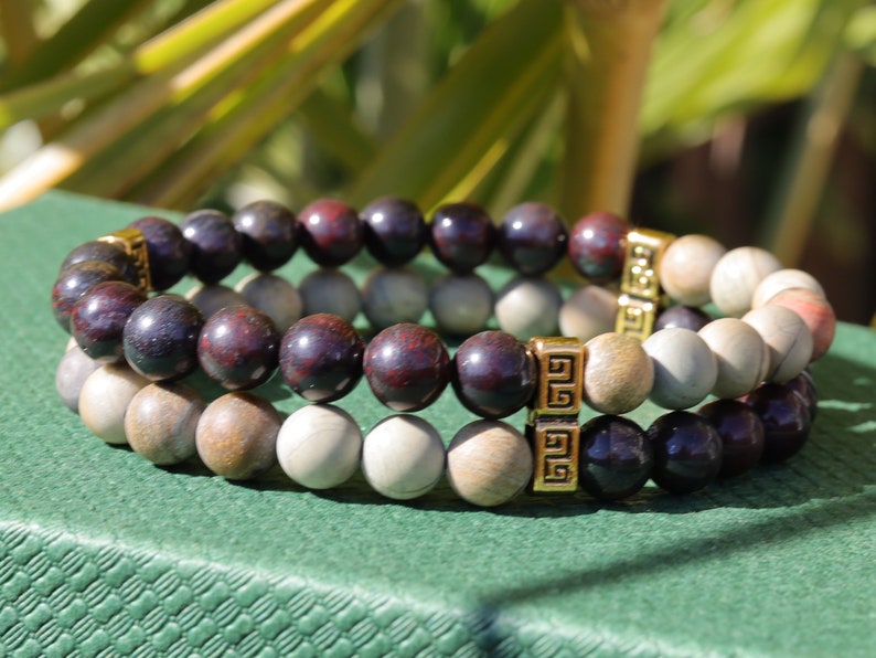 SIC Double row beaded bracelets. Two Row Stone Bracelets. Natural Bloodstone combined with Silver leaf Jasper. hole-body wellness stone