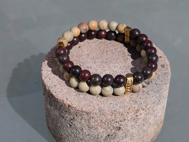 SIC Double row beaded bracelets. Two Row Stone Bracelets. Natural Bloodstone combined with Silver leaf Jasper. hole-body wellness stone