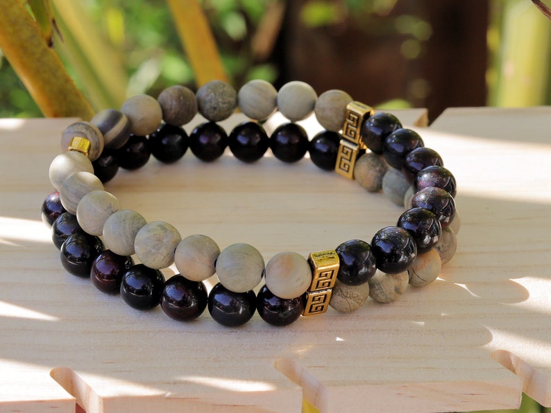 SIC Double row beaded bracelets. Two Row Stone Bracelets. Natural Bloodstone combined with Silver leaf Jasper. hole-body wellness stone