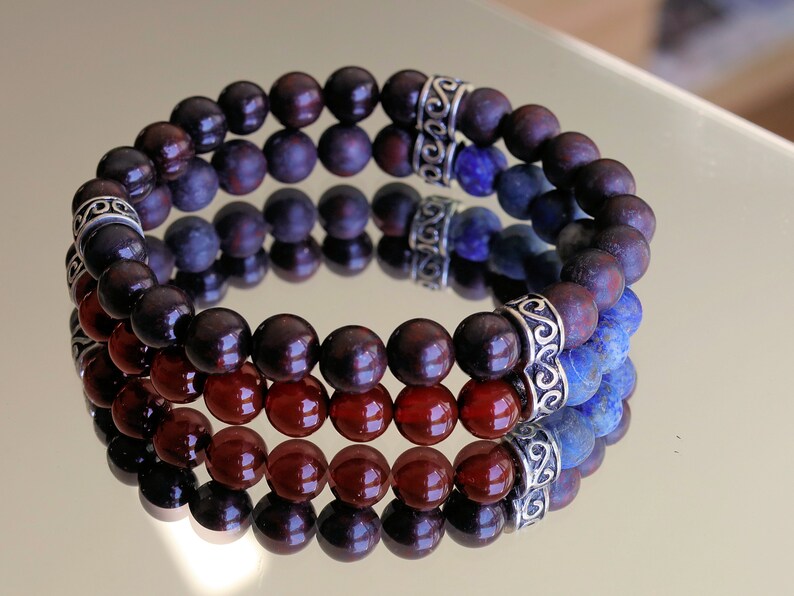 X Double row beaded bracelets. Two Row Stone Bracelets. Natural Bloodstone with Natural Matte Lapis Lazuli, red Agate and Saffron Jasper