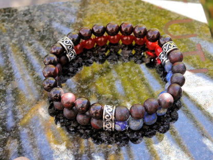 X Double row beaded bracelets. Two Row Stone Bracelets. Natural Bloodstone with Natural Matte Lapis Lazuli, red Agate and Saffron Jasper