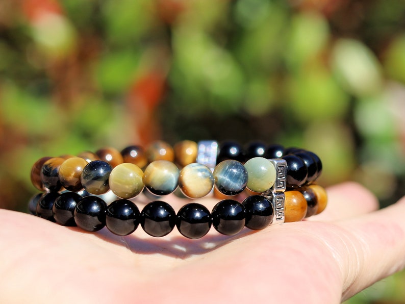 FLEX Double row beaded bracelets. Two Row Stone Bracelets. Black agate combined with yellow Tiger eye and grey/ light brown tiger eye.