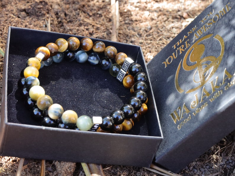 FLEX Double row beaded bracelets. Two Row Stone Bracelets. Black agate combined with yellow Tiger eye and grey/ light brown tiger eye.