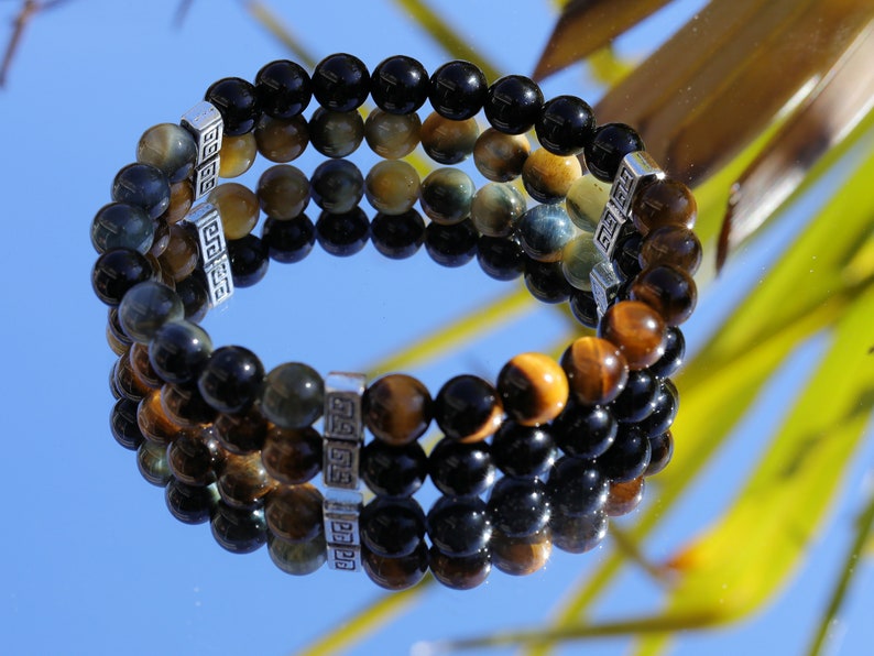 FLEX Double row beaded bracelets. Two Row Stone Bracelets. Black agate combined with yellow Tiger eye and grey/ light brown tiger eye.