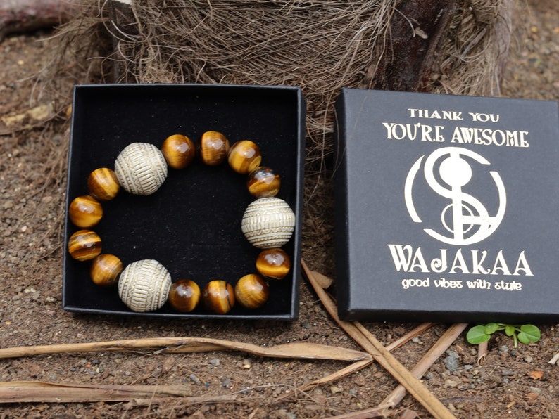 Summer of Love Jewel Collection - 12 mm beaded yellow Tiger eye bracelet with 3x big  Fashionable Stone beads. Truly inspiring.