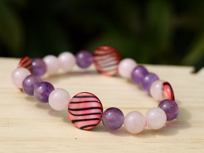 Summer of Love Jewel Collection -8 mm  Rose Quartz/ Amethyst bracelet with Coin shaped Mother of Pearl Shell beads. Exclusive