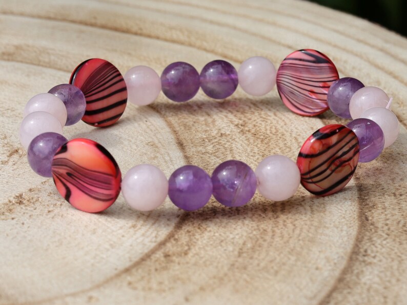 Summer of Love Jewel Collection -8 mm  Rose Quartz/ Amethyst bracelet with Coin shaped Mother of Pearl Shell beads. Exclusive