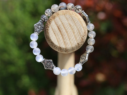 Particular Natural Top Grade White Moonstone Cat Eye Selenite with real Dragon Veins Agate beads bracelet. o bring prosperity and wealth