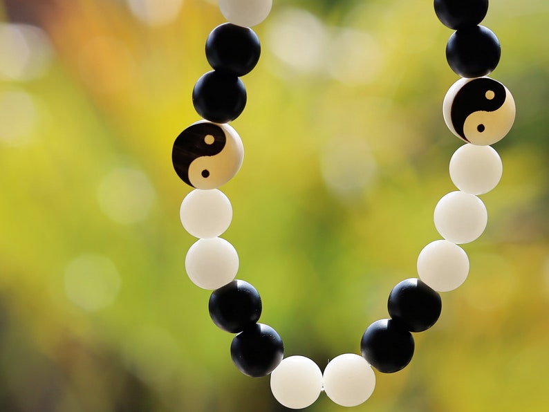 Ethereal White Bodhi Apple Beads bracelet with Carved YinYang, Taiji Bead, Bagua, Zen,Buddha,Yoga Bead. two opposite sides come together