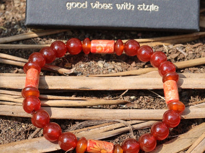 red Agate with great painted wooden artcraft beads. Beautiful spiritual crystals and AA grade gemstones beads.