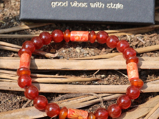 red Agate with great painted wooden artcraft beads. Beautiful spiritual crystals and AA grade gemstones beads.