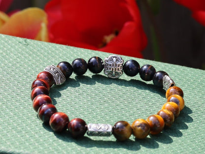 Nice TRI color Tiger eye bracelet with beautiful carved Antique Silver Tone Spacer Beads. ancient Chinese fortune and longevity bat pattern