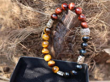 Nice TRI color Tiger eye bracelet with beautiful carved Antique Silver Tone Spacer Beads. ancient Chinese fortune and longevity bat pattern