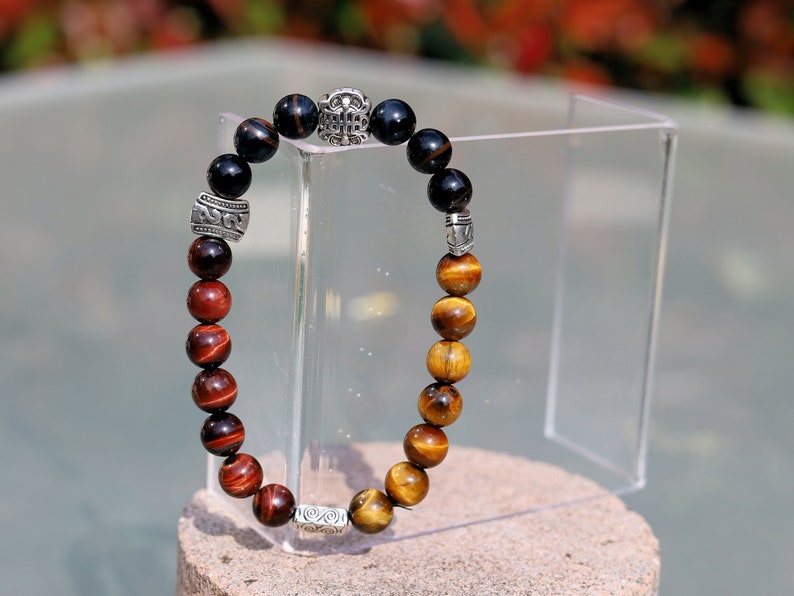 Nice TRI color Tiger eye bracelet with beautiful carved Antique Silver Tone Spacer Beads. ancient Chinese fortune and longevity bat pattern