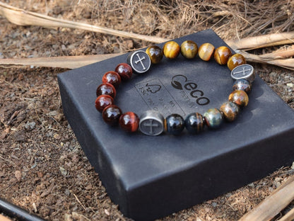 Holy TRI color Tiger eye bracelet with beautiful 304 Stainless Steel Cross. Sacred geometry gemstones and talismans.