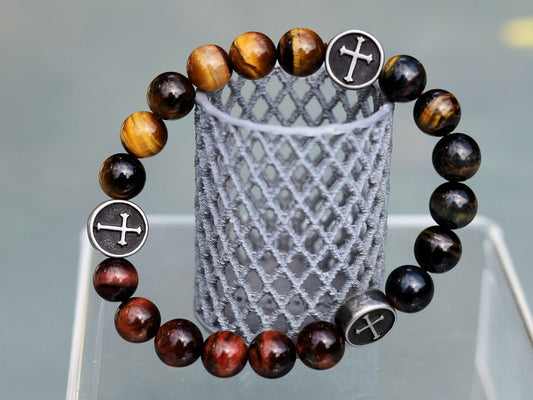 Holy TRI color Tiger eye bracelet with beautiful 304 Stainless Steel Cross. Sacred geometry gemstones and talismans.