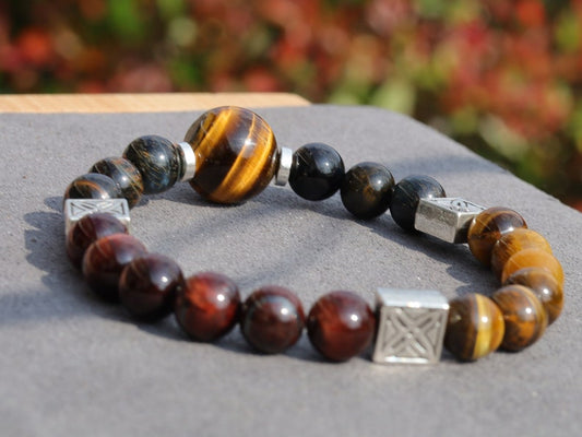 Foxy TRI color Tiger eye bracelet with Antique Silver Tone Spacer Beads Square. Stabilizes mood swings, imbues us with willpower and purpose