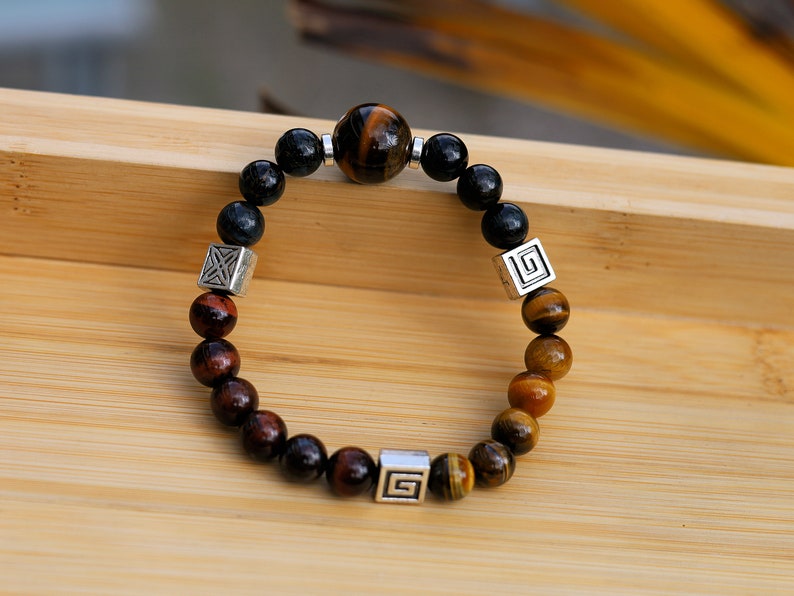 Foxy TRI color Tiger eye bracelet with Antique Silver Tone Spacer Beads Square. Stabilizes mood swings, imbues us with willpower and purpose