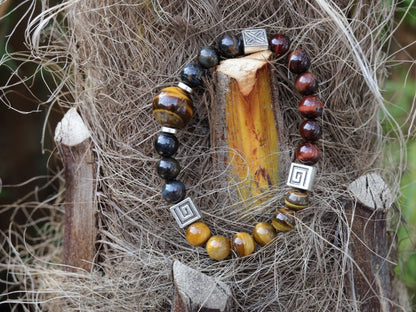 Foxy TRI color Tiger eye bracelet with Antique Silver Tone Spacer Beads Square. Stabilizes mood swings, imbues us with willpower and purpose