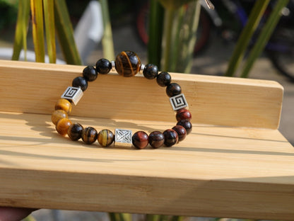Foxy TRI color Tiger eye bracelet with Antique Silver Tone Spacer Beads Square. Stabilizes mood swings, imbues us with willpower and purpose