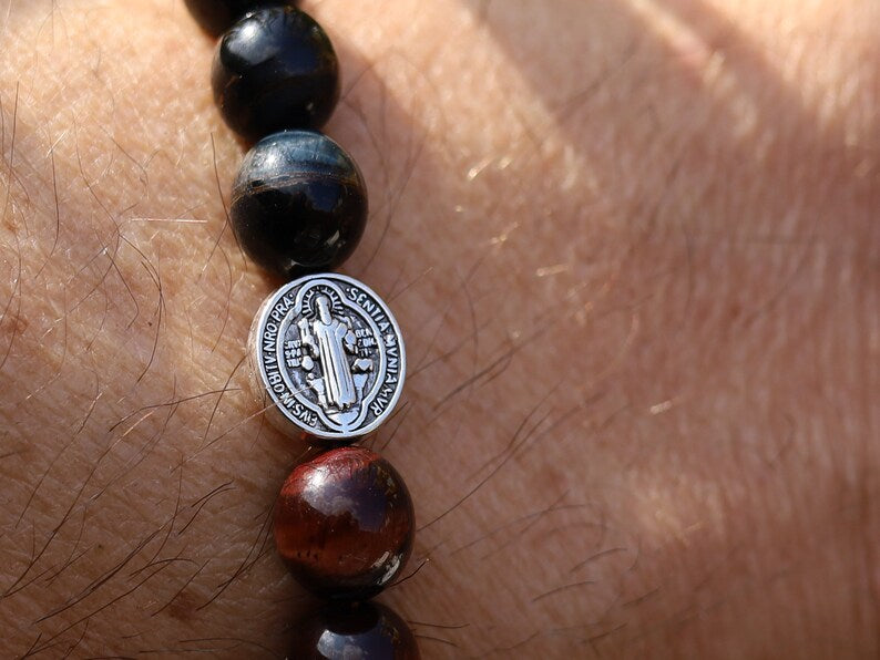 Devoted TRI color Tiger eye bracelet with Jesus and Latin Cross. Pagan symbol in Asian and African countries and a platform for crucifixion