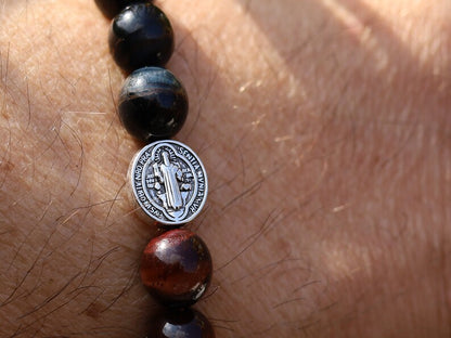 Devoted TRI color Tiger eye bracelet with Jesus and Latin Cross. Pagan symbol in Asian and African countries and a platform for crucifixion