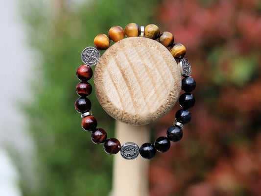 Devoted TRI color Tiger eye bracelet with Jesus and Latin Cross. Pagan symbol in Asian and African countries and a platform for crucifixion
