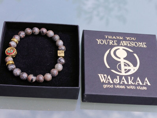 Glamorous natural Michigan Yooperlite semi-Precious Stone Pearls combined with Handmade Indonesia Bead and Wajakaa © Logo bead.