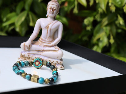 Beaut Turquoise Sea Sediment Jasper Beads bracelet 6 Buddha heads.  The beginning, the middle, the end, the past, the present, the future.