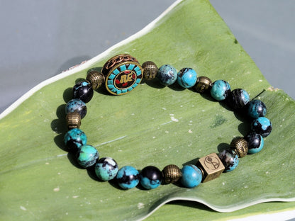 Beaut Turquoise Sea Sediment Jasper Beads bracelet 6 Buddha heads.  The beginning, the middle, the end, the past, the present, the future.