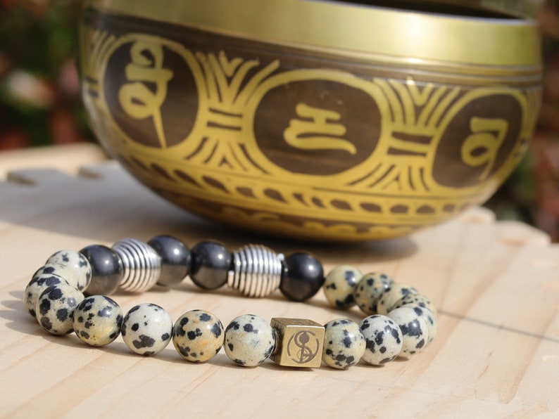 Extramundane Natural Dalmatian Jasper Beads bracelet combined with  grounding and protective stone Shungite. with a Wajakaa © Logo bead.
