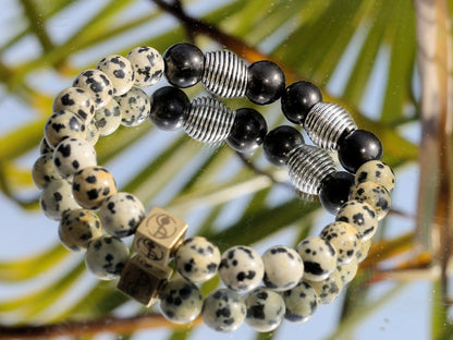 Extramundane Natural Dalmatian Jasper Beads bracelet combined with  grounding and protective stone Shungite. with a Wajakaa © Logo bead.