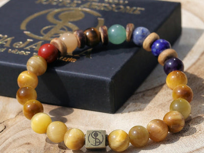 Dominant Chakra golden tiger eye. 7 types. Amethyst, Lapis Lazuli, Blue Spot Jasper, Aventurine, Tiger Eye, Butter Jade, Rose Jasper