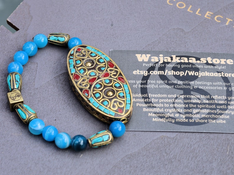 Fascinating Dark Blue Striped Agate Beads bracelet with Handmade Indonesia Bead and Handmade Tibetan Style Beads . Wajakaa © Logo bead.