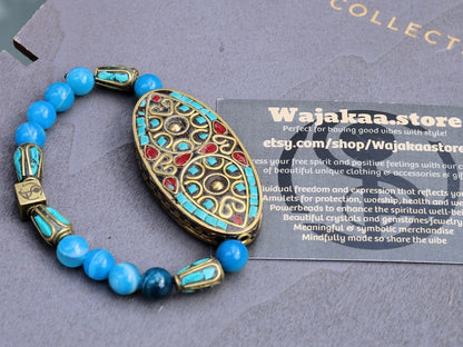 Fascinating Dark Blue Striped Agate Beads bracelet with Handmade Indonesia Bead and Handmade Tibetan Style Beads . Wajakaa © Logo bead.