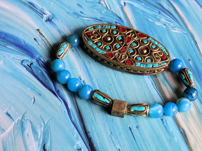 Fascinating Dark Blue Striped Agate Beads bracelet with Handmade Indonesia Bead and Handmade Tibetan Style Beads . Wajakaa © Logo bead.