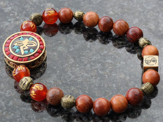 Heavenly Natural Wood Beads with Buddha eyes Bead Combined with Wajakaa © Logo bead and 6 Buddha head, Antique Bronze.