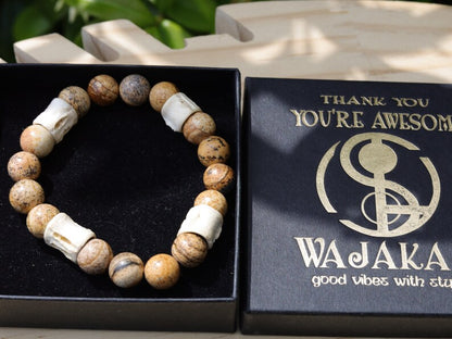 Awesome handmade Tribal Fish-spine-bone beads from Kenya combined with AA grade Desert Jasper beads. supporting during times of stress