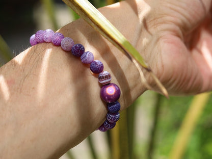 Summer of Love Jewel Collection - Top Purple Frosted Fire Crackle Agate bracelet with 3D and rousing psychedelic circle decoration.