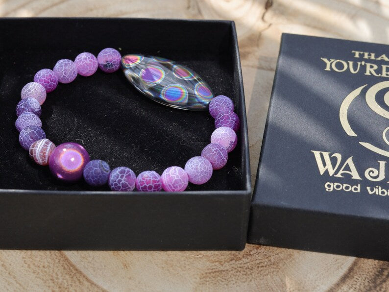 Summer of Love Jewel Collection - Top Purple Frosted Fire Crackle Agate bracelet with 3D and rousing psychedelic circle decoration.