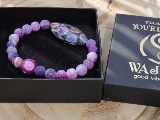 Summer of Love Jewel Collection - Top Purple Frosted Fire Crackle Agate bracelet with 3D and rousing psychedelic circle decoration.