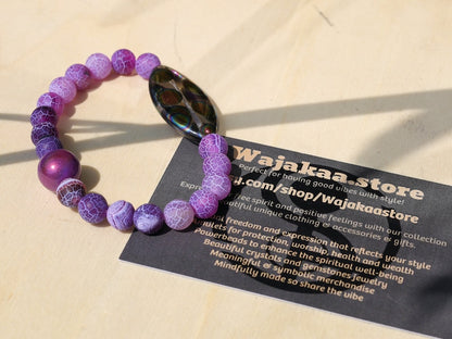 Summer of Love Jewel Collection - Top Purple Frosted Fire Crackle Agate bracelet with 3D and rousing psychedelic circle decoration.