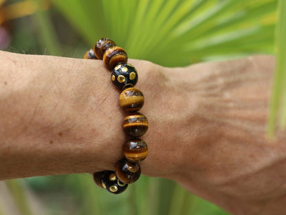 Summer of Love Jewel Collection - 12 mm beaded yellow Tiger eye bracelet with 3x big Handmade Indonesia Bead. Truly inspiring.