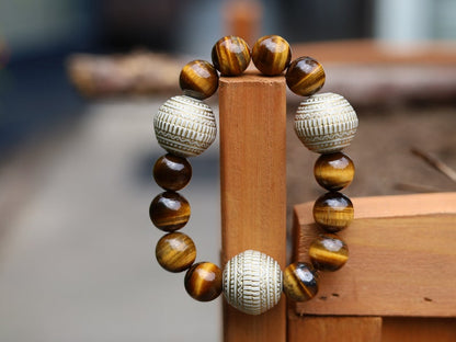 Summer of Love Jewel Collection - 12 mm beaded yellow Tiger eye bracelet with 3x big  Fashionable Stone beads. Truly inspiring.