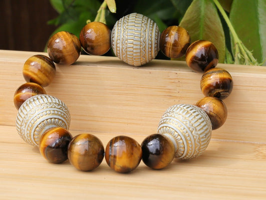 Summer of Love Jewel Collection - 12 mm beaded yellow Tiger eye bracelet with 3x big  Fashionable Stone beads. Truly inspiring.