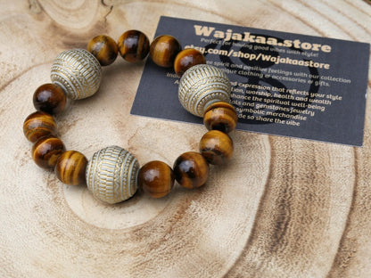Summer of Love Jewel Collection - 12 mm beaded yellow Tiger eye bracelet with 3x big  Fashionable Stone beads. Truly inspiring.
